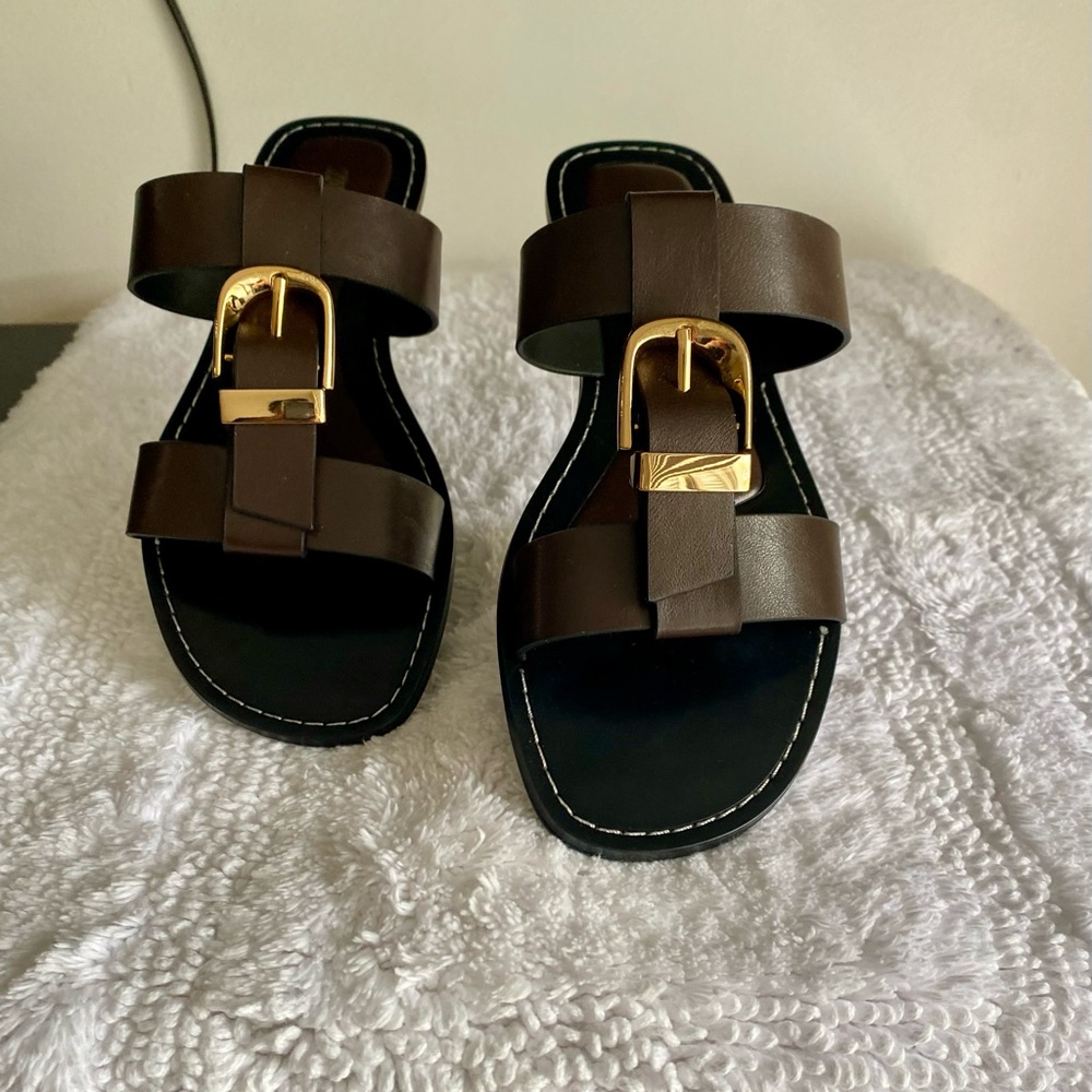 Zara dark brown Sandals with Gold Buckle accent. - Picture 2 of 4